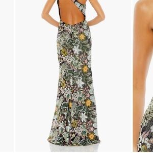 Mac Duggal Green Multi Floral Sequin Backless Gown